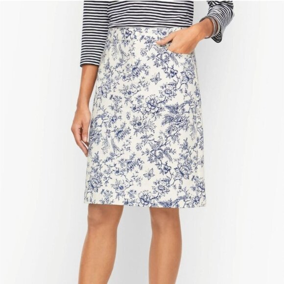 Talbots Skirt Womens Size 4P Bird Toile Print Denim A-Line Stretch Floral Skirt - Picture 9 of 16